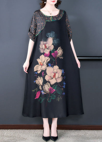 Natural Black O Neck Floral Print Patchwork Silk Long Dresses Summer LY5952 Ada Fashion