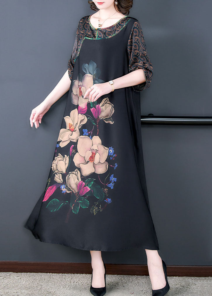 Natural Black O Neck Floral Print Patchwork Silk Long Dresses Summer LY5952 Ada Fashion