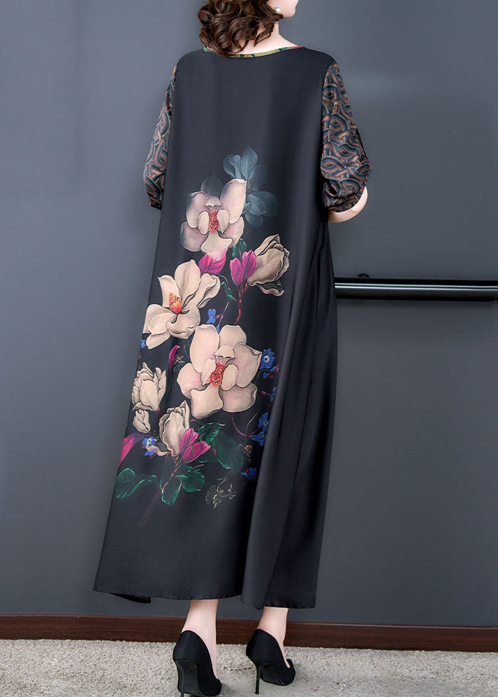Natural Black O Neck Floral Print Patchwork Silk Long Dresses Summer LY5952 Ada Fashion