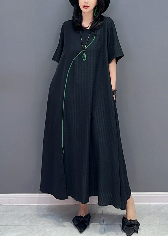 Natural Black O-Neck Patchwork Long Dresses Short Sleeve LC0306 - fabuloryshop