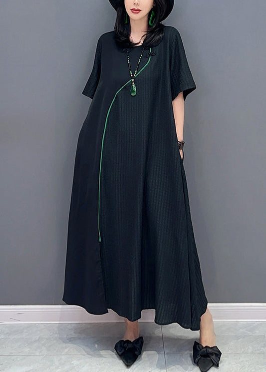 Natural Black O-Neck Patchwork Long Dresses Short Sleeve LC0306 - fabuloryshop