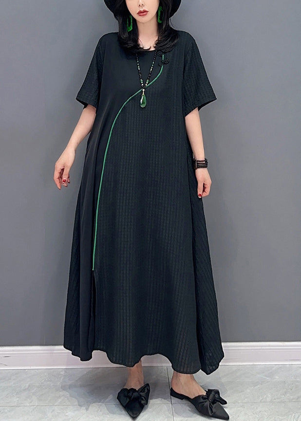Natural Black O-Neck Patchwork Long Dresses Short Sleeve LC0306 - fabuloryshop