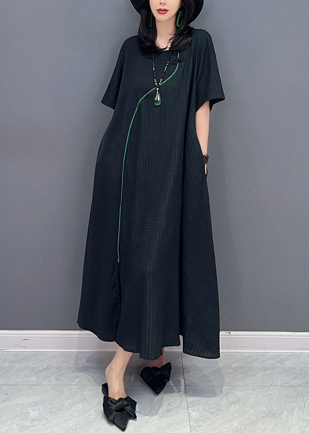 Natural Black O-Neck Patchwork Long Dresses Short Sleeve LC0306 - fabuloryshop