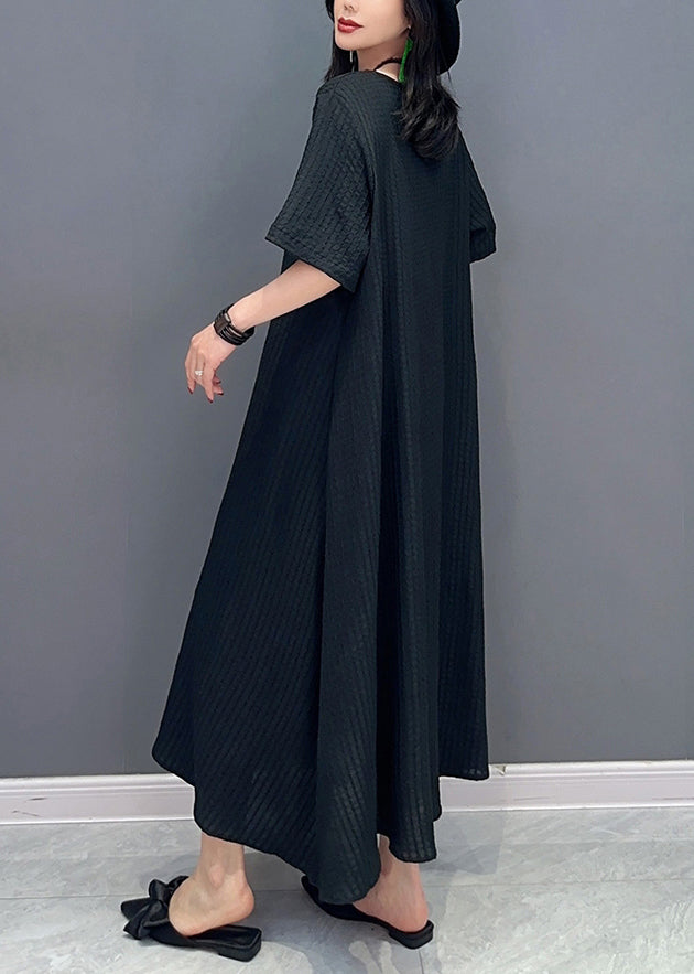 Natural Black O-Neck Patchwork Long Dresses Short Sleeve LC0306 - fabuloryshop