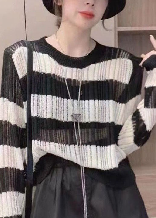 Natural Black O Neck Striped Hollow Out Thin Knit Tops Long Sleeve LY4668 - fabuloryshop