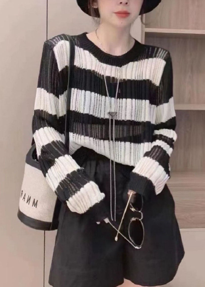 Natural Black O Neck Striped Hollow Out Thin Knit Tops Long Sleeve LY4668 - fabuloryshop