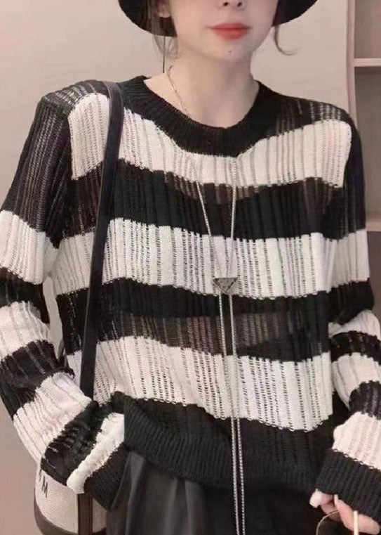 Natural Black O Neck Striped Hollow Out Thin Knit Tops Long Sleeve LY4668 - fabuloryshop