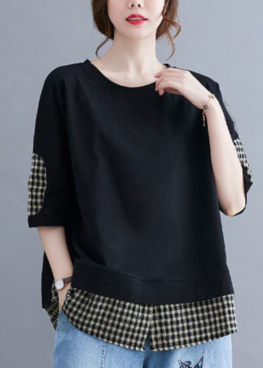 Natural Black Oversized Patchwork Plaid Cotton Tank Summer LY2370 - fabuloryshop