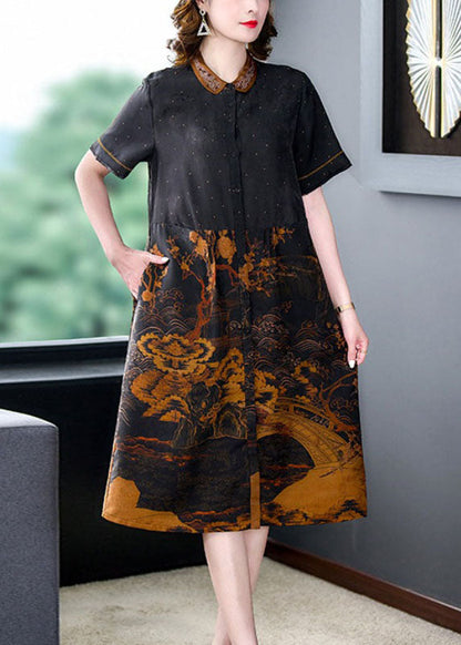 Natural Black Peter Pan Collar Print Pockets Patchwork Silk Dresses Summer Ada Fashion