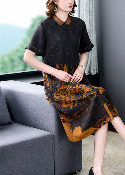 Natural Black Peter Pan Collar Print Pockets Patchwork Silk Dresses Summer Ada Fashion