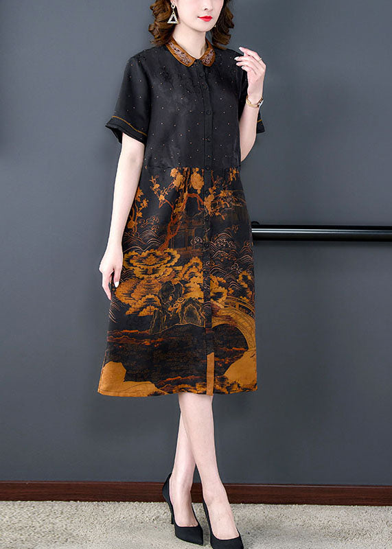 Natural Black Peter Pan Collar Print Pockets Patchwork Silk Dresses Summer Ada Fashion