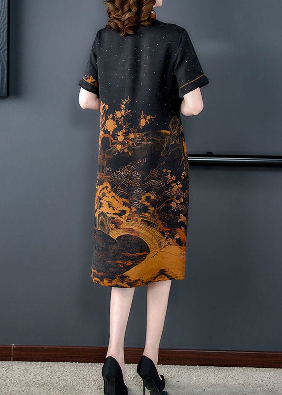 Natural Black Peter Pan Collar Print Pockets Patchwork Silk Dresses Summer Ada Fashion