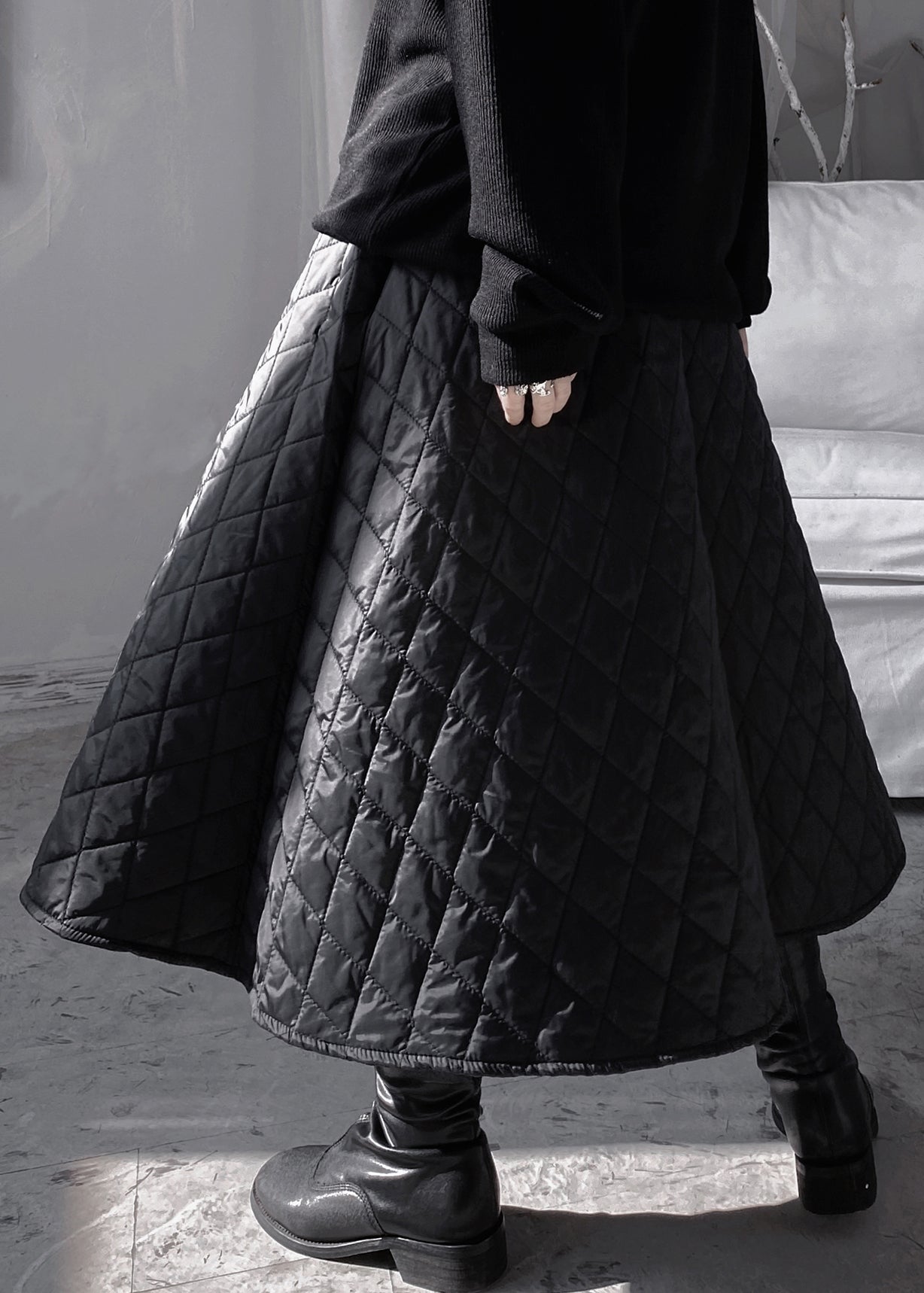 Natural Black Plaid Patchwork Thick A Line Skirts Fall Ada Fashion