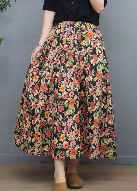 Natural Black Print Elastic Waist Linen A Line Skirt LY4649 - fabuloryshop