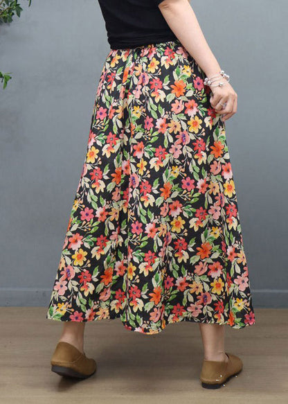 Natural Black Print Elastic Waist Linen A Line Skirt LY4649 - fabuloryshop