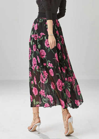 Natural Black Print Exra Large Hem Chiffon Pleated Skirts Fall Ada Fashion