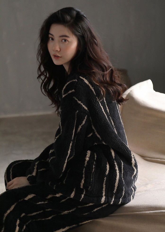 Natural Black Striped Button Velour Pajamas Two Pieces Set Long Sleeve TO1039 - fabuloryshop