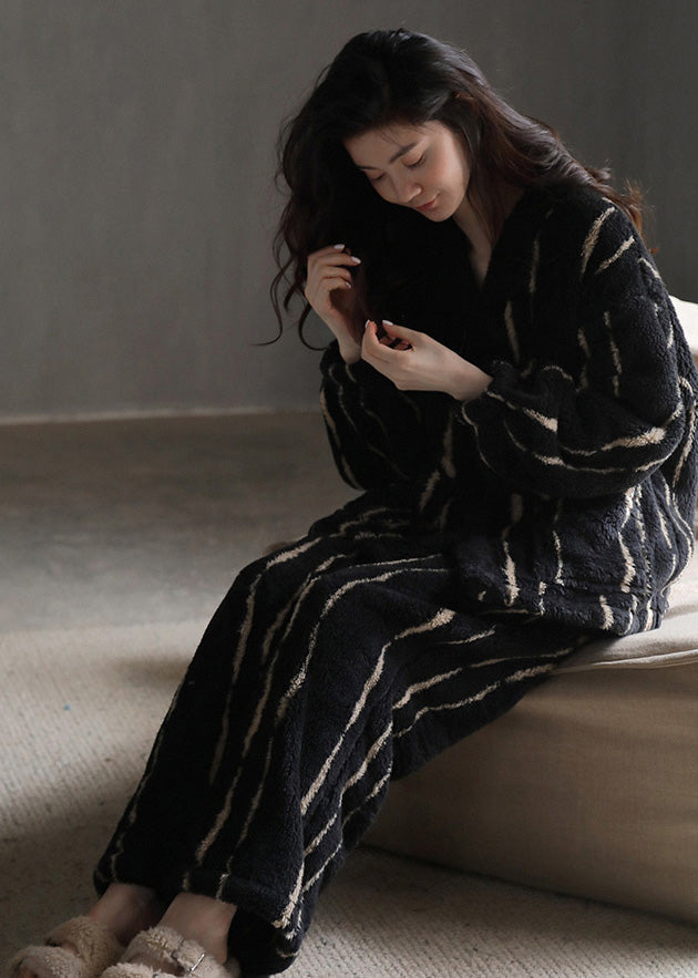 Natural Black Striped Button Velour Pajamas Two Pieces Set Long Sleeve TO1039 - fabuloryshop