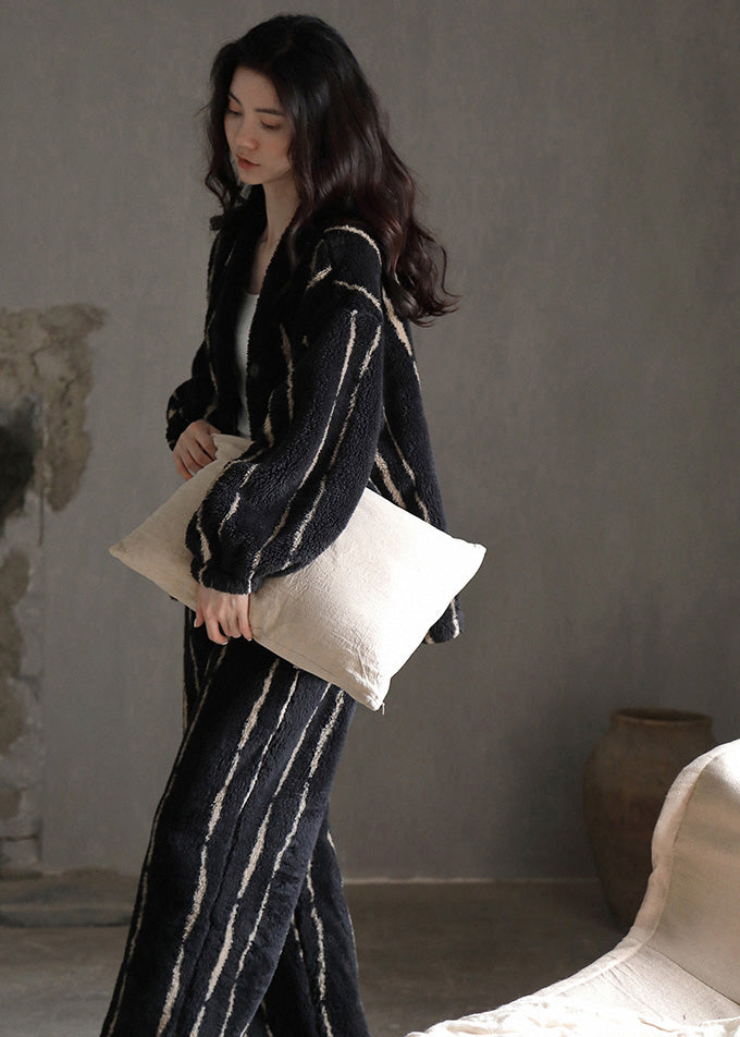 Natural Black Striped Button Velour Pajamas Two Pieces Set Long Sleeve TO1039 - fabuloryshop