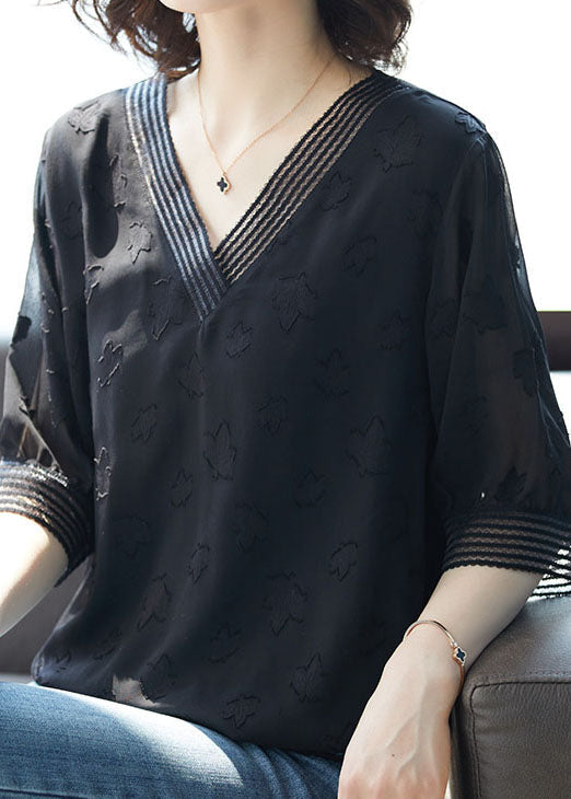 Natural Black V Neck Jacquard Patchwork Chiffon T Shirt Top Summer LY6717 - fabuloryshop