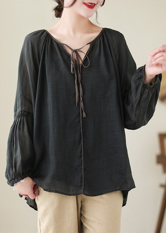 Natural Black V Neck Patchwork Ramie Shirt Spring LY4479 - fabuloryshop