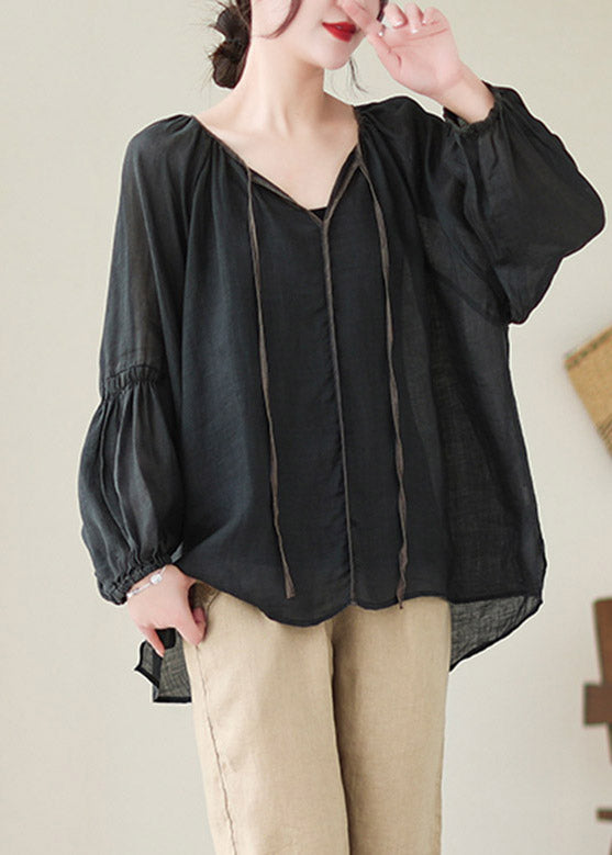 Natural Black V Neck Patchwork Ramie Shirt Spring LY4479 - fabuloryshop