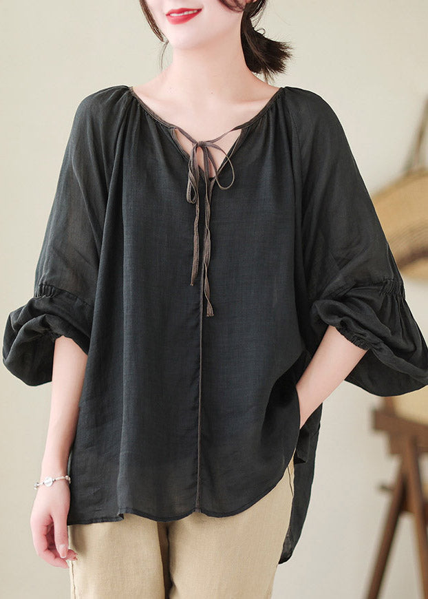 Natural Black V Neck Patchwork Ramie Shirt Spring LY4479 - fabuloryshop