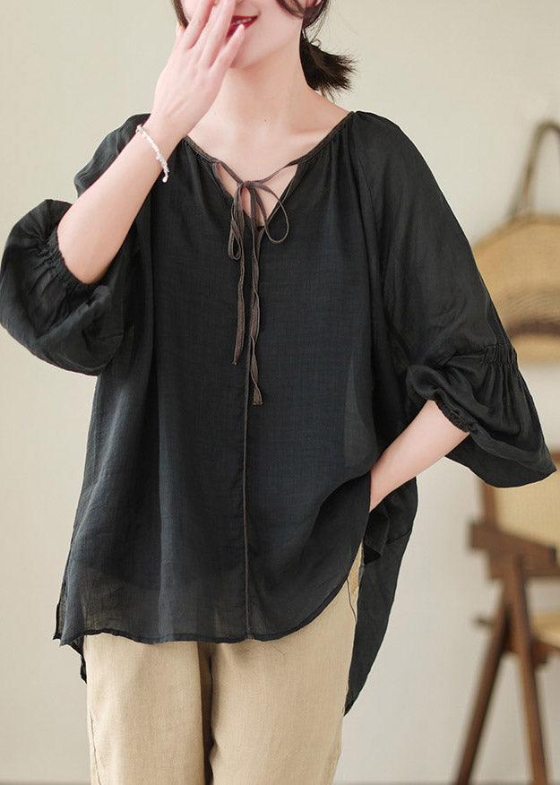 Natural Black V Neck Patchwork Ramie Shirt Spring LY4479 - fabuloryshop