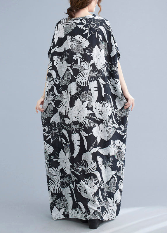 Natural Black V Neck Print Robe Dresses Short Sleeve LY6098 - fabuloryshop