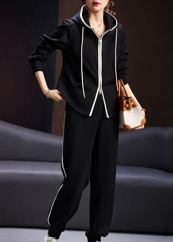 Natural Black Zippered Drawstring Patchwork Hooded Coats And Pants Two Pieces Set Long Sleeve Ada Fashion