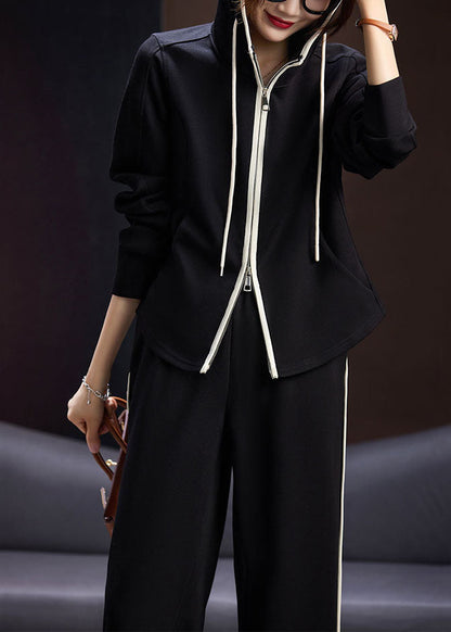 Natural Black Zippered Drawstring Patchwork Hooded Coats And Pants Two Pieces Set Long Sleeve Ada Fashion