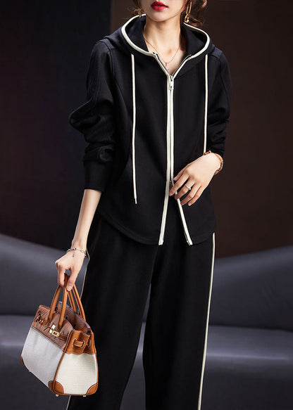 Natural Black Zippered Drawstring Patchwork Hooded Coats And Pants Two Pieces Set Long Sleeve Ada Fashion