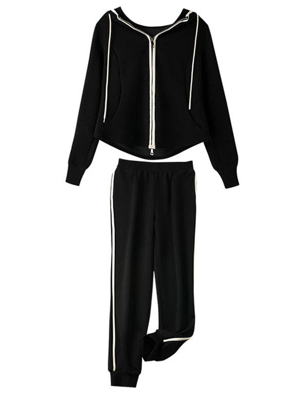 Natural Black Zippered Drawstring Patchwork Hooded Coats And Pants Two Pieces Set Long Sleeve Ada Fashion