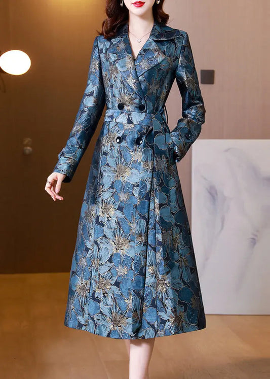 Natural Blue Double Breast Jacquard Pockets Patchwork Cotton Trench Fall Ada Fashion