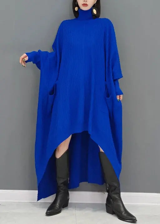 Natural Blue Hign Neck Low High Design Knitwear Dress Fall Ada Fashion