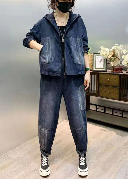 Natural Blue Hooded Patchwork Denim Two Pieces Set Fall Ada Fashion