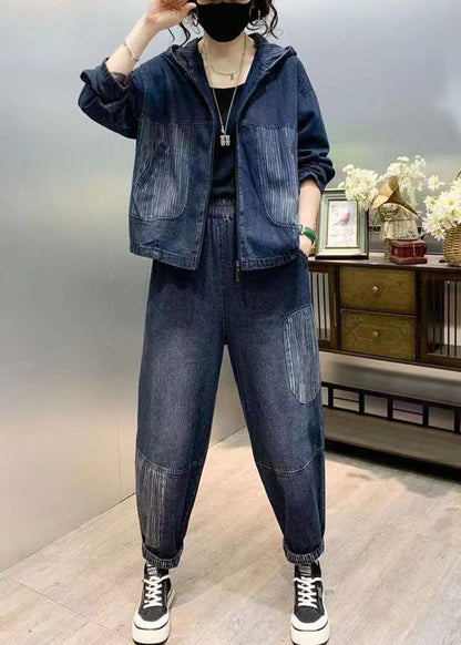 Natural Blue Hooded Patchwork Denim Two Pieces Set Fall Ada Fashion