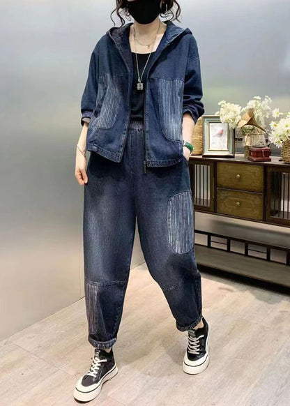 Natural Blue Hooded Patchwork Denim Two Pieces Set Fall Ada Fashion