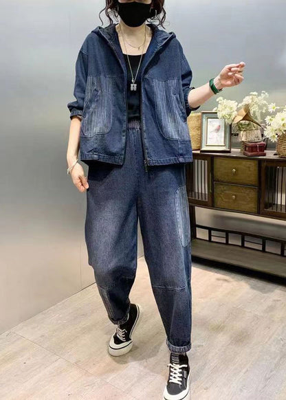 Natural Blue Hooded Patchwork Denim Two Pieces Set Fall Ada Fashion