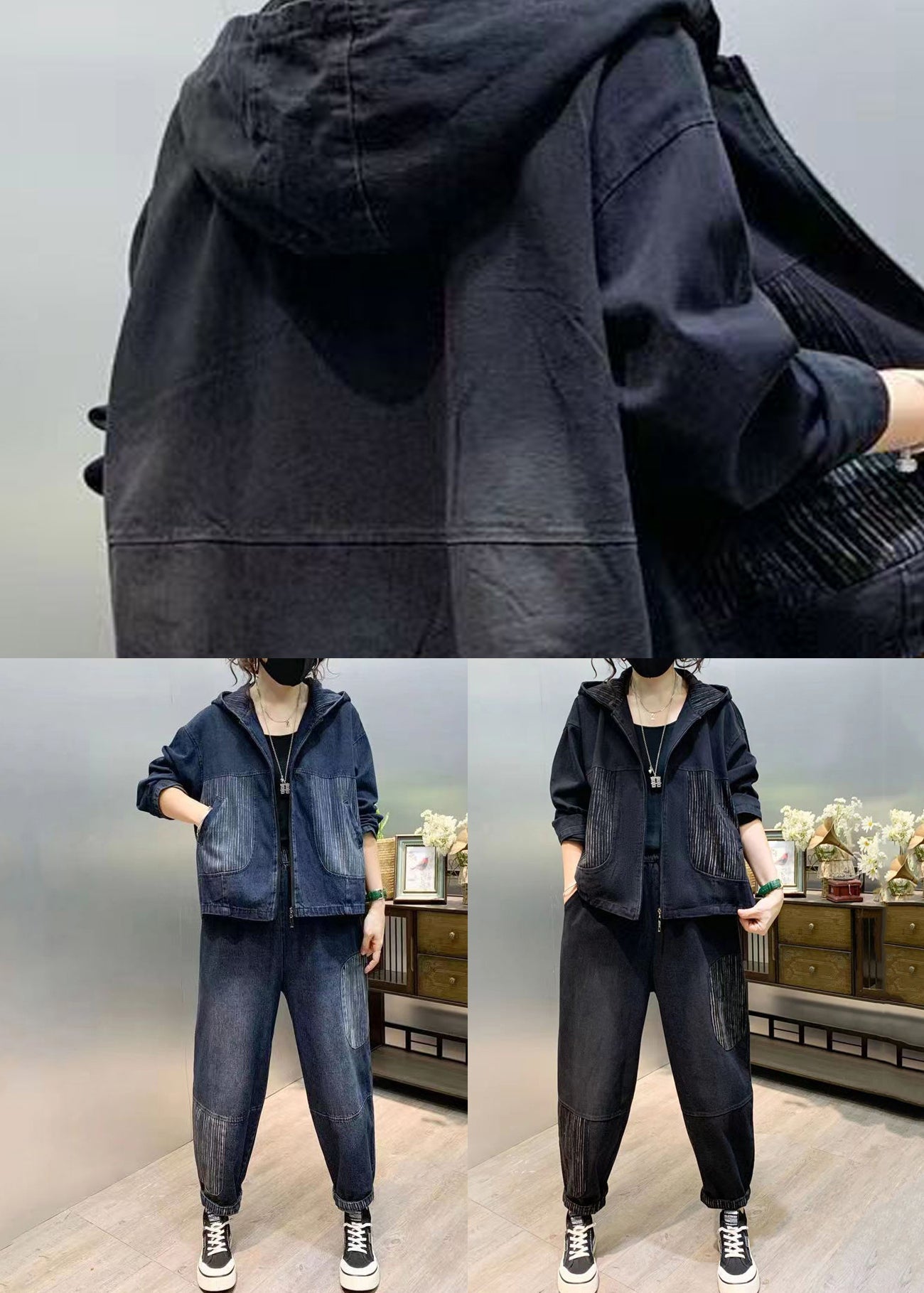 Natural Blue Hooded Patchwork Denim Two Pieces Set Fall Ada Fashion