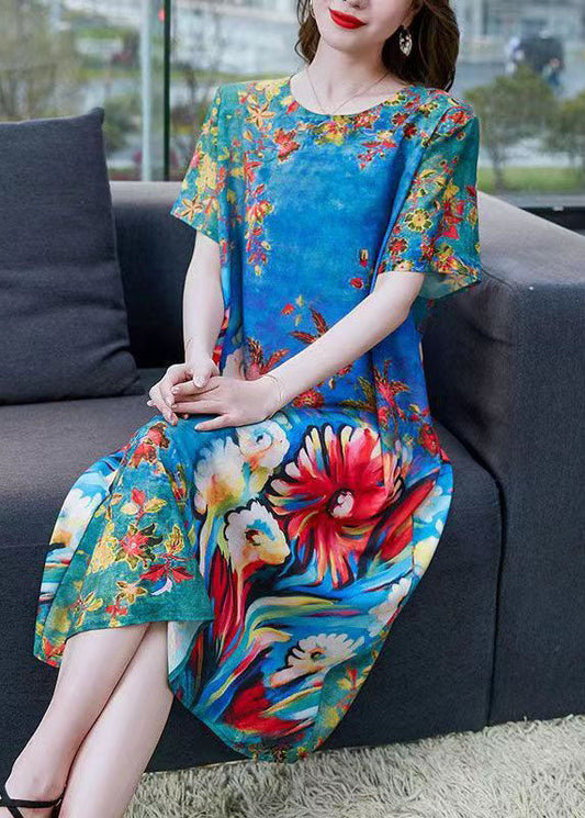 Natural Blue O Neck Print Patchwork Chiffon Dress Summer Ada Fashion