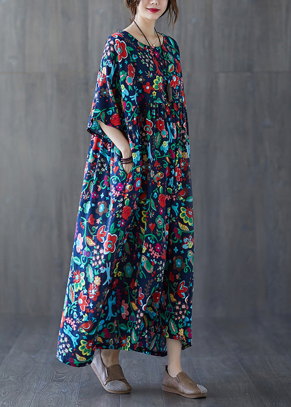 Natural Blue O-Neck Print Wrinkled Cotton Long Dresses Summer Ada Fashion