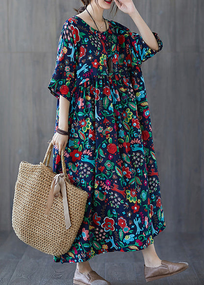 Natural Blue O-Neck Print Wrinkled Cotton Long Dresses Summer Ada Fashion