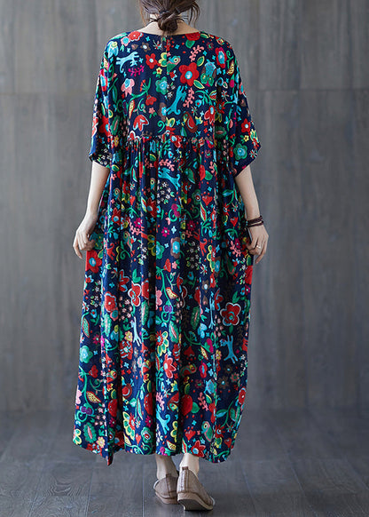 Natural Blue O-Neck Print Wrinkled Cotton Long Dresses Summer Ada Fashion