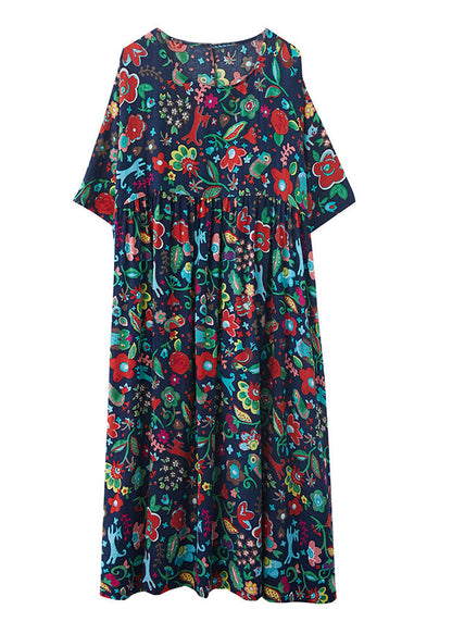 Natural Blue O-Neck Print Wrinkled Cotton Long Dresses Summer Ada Fashion