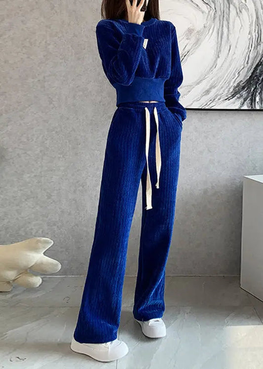 Natural Blue O-Neck Top And Wide Leg Pants Two Pieces Set Long Sleeve Ada Fashion