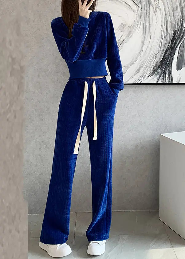 Natural Blue O-Neck Top And Wide Leg Pants Two Pieces Set Long Sleeve Ada Fashion