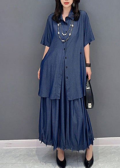 Natural Blue Peter Pan Collar Button Solid Shirts And Maxi Skirts Two Piece Set Summer LY4391 - fabuloryshop