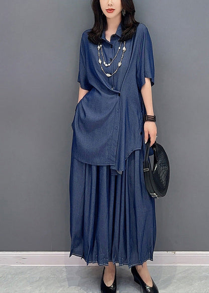 Natural Blue Peter Pan Collar Button Solid Shirts And Maxi Skirts Two Piece Set Summer LY4391 - fabuloryshop