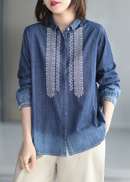 Natural Blue Peter Pan Collar Embroideried Patchwork Denim Shirt Long Sleeve LY6156 - fabuloryshop